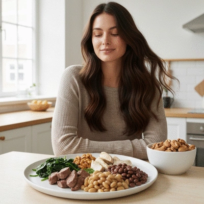 Person eating a healthy, balanced diet rich in iron, zinc, and protein for hair health