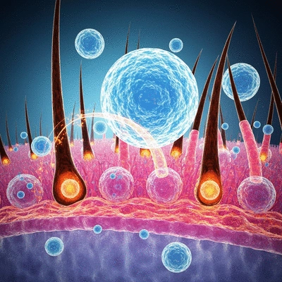 Microscopic view of hair follicles regenerating with exosome therapy, scientific illustration, high detail