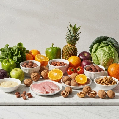 Variety of healthy foods for hair health, including fruits, vegetables, nuts, and fish