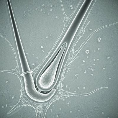 Microscopic view of hair follicles affected by stress hormones, with disrupted growth phases