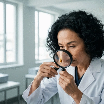 Person examining hair under a magnifying glass, clean, professional setting