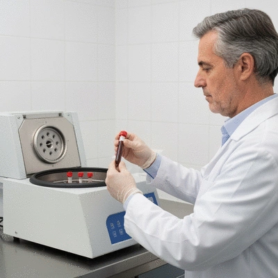 Close-up of medical professional holding a tube of blood being processed in a centrifuge for PRP, clean lab environment