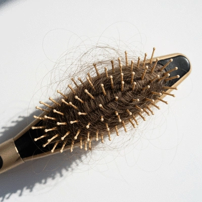 Hair strands caught in a hairbrush, illustrating excessive hair shedding