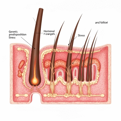 Scientific illustration of hair follicle affected by genetic predisposition, showing hormonal changes and stress factors
