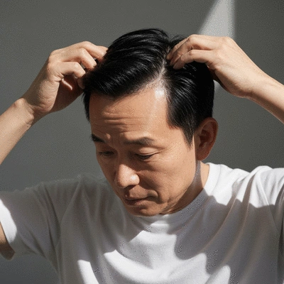 Person using a hair growth serum, showing a healthy scalp and strong hair, soft lighting