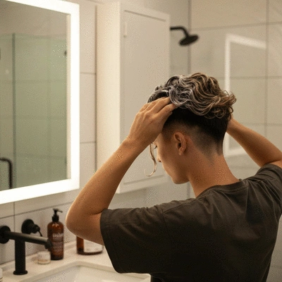 Person applying a hair mask to their hair in a clean, modern bathroom, focus on product usage, no text, no words, no typography, 8K