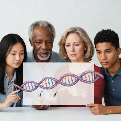Diverse group of people looking at DNA strand graphic, representing genetic factors in hair loss, clean image, no text, no words, no typography, 8K