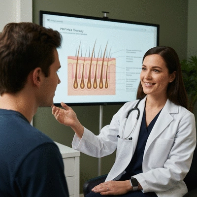 Patient consulting with a medical professional about PRP therapy, showing a diagram of hair follicles