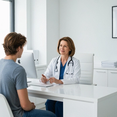 A dermatologist consulting with a patient about hair loss, showing a professional and empathetic interaction, no text, no words, no typography, clean image