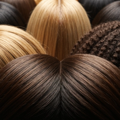 Close-up of a diverse group of people's healthy, shiny hair strands, representing hair health, no text, no words, no typography, clean image
