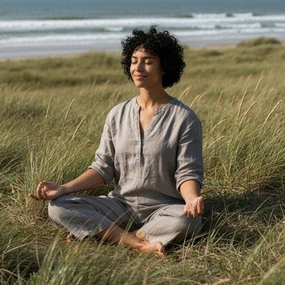 Woman meditating calmly in a serene environment, representing stress reduction