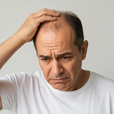 Person looking distressed about hair loss, diverse representation, natural light