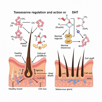 Scientific illustration of DHT affecting a hair follicle, with healthy and thinning hair represented