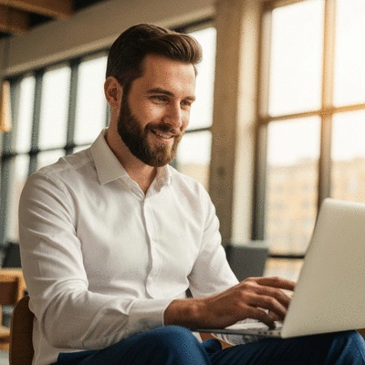 Person looking at financing options on a tablet, with a confident expression
