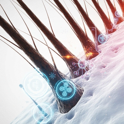Microscopic view of hair follicles with advanced nanotechnology and gene therapy symbols