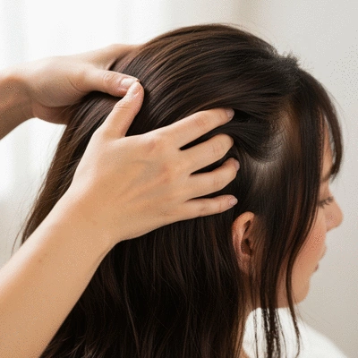 Person enjoying a relaxing scalp massage, focus on hands gently massaging the scalp and hair