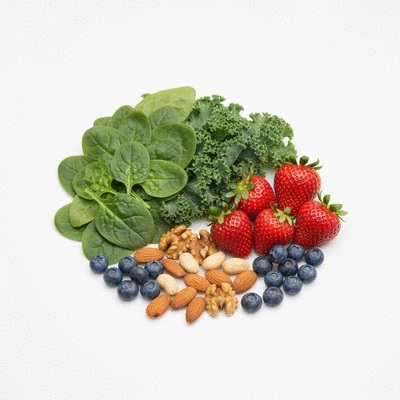 Assortment of nutrient-rich foods like leafy greens, nuts, and berries on a clean white background