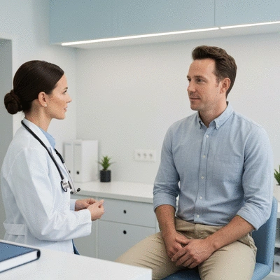 Dermatologist consulting with a patient about hair loss, professional and caring atmosphere