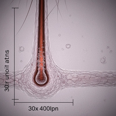 Close-up of hair follicles being affected by environmental pollutants, showing a scientific representation of damage and thinning hair
