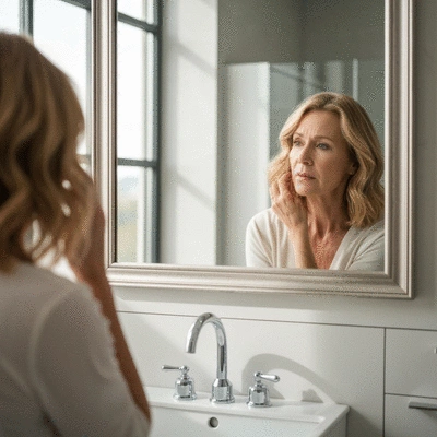 Person examining their hair in a mirror, concerned about hair loss genetics.