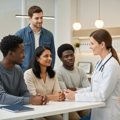 Diverse group of people discussing hair loss solutions in a modern clinic setting