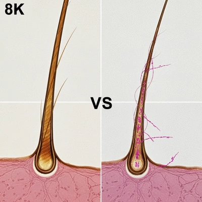 Microscopic view of healthy hair follicles and damaged hair follicles with genetic markers, clean image, no text, no words, no typography, 8K