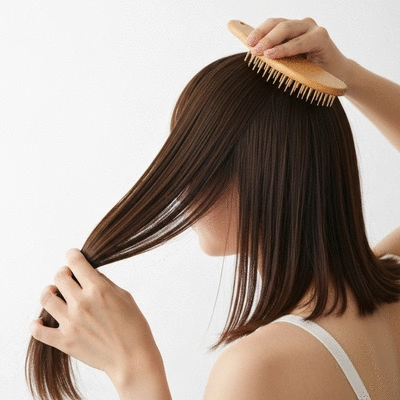 Close up of a person gently brushing their hair, showing minimal hair shedding, bright clean background, no text, no words, no typography, 8K