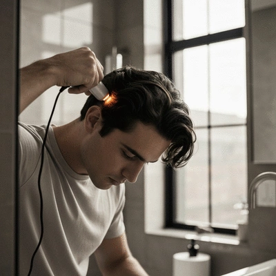 Person using a low-level laser therapy device on their scalp for hair restoration in a clean, modern setting