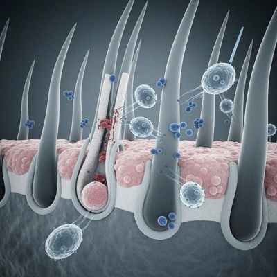 Close-up of hair follicles being attacked by immune cells, scientific illustration