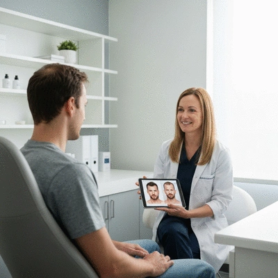 Patient consulting with a dermatologist about hair loss treatment options, clinical setting, professional and reassuring atmosphere